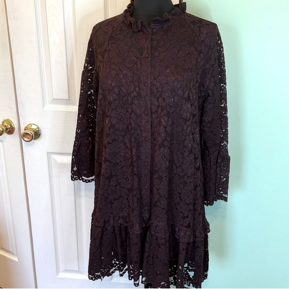 H&M Ruffle Neck Long Sleeve Button Front Lace Shift Dress, 14, Purple